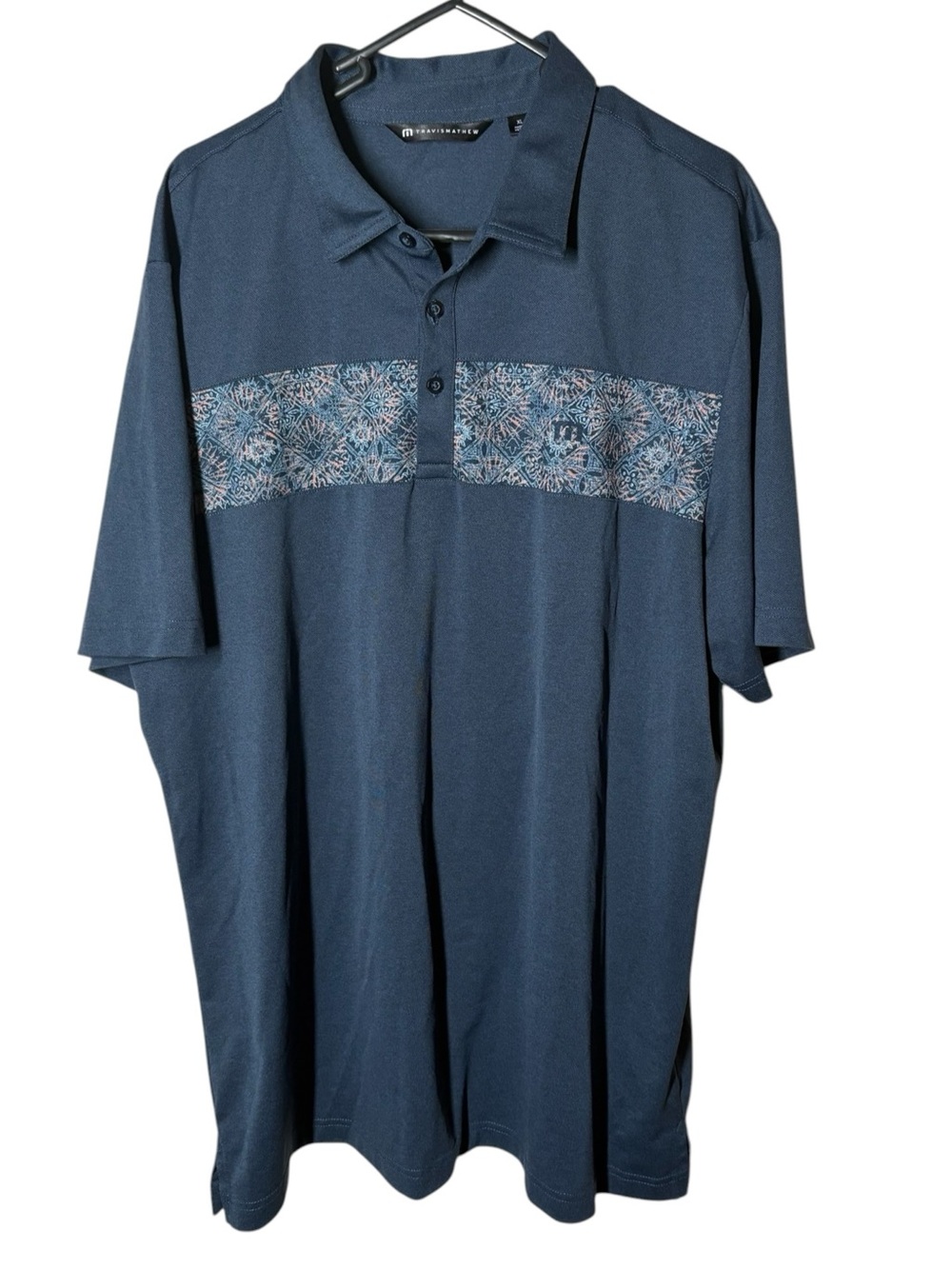 Men's Travis Mathew Gray Polo with Patterned Chest Band XL